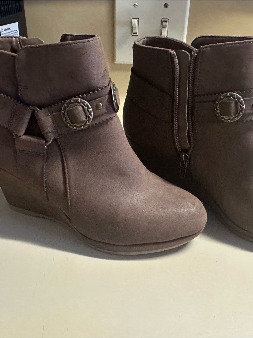 Women’s Brown Suede Wedge Ankle Boots with Decorative Buckle